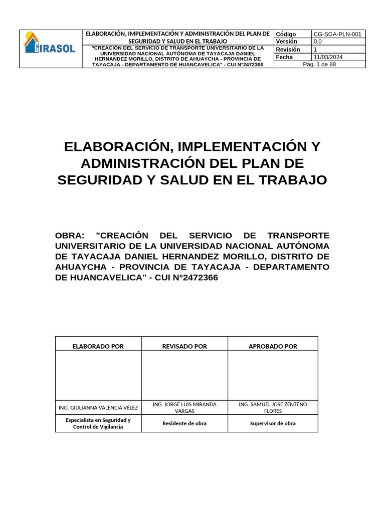Plan de Seguridad y Salud en el Trabajo | PDF | Seguridad y salud ...