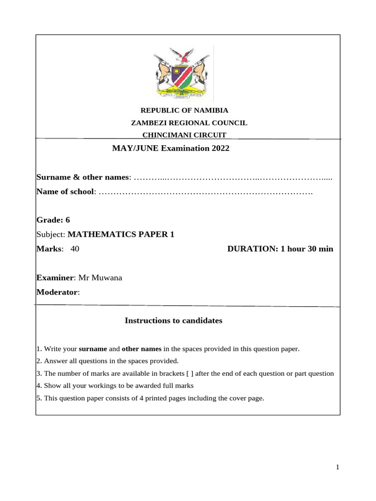 Grade 6 Maths Exam Paper 2022 | PDF | Mathematics | Arithmetic