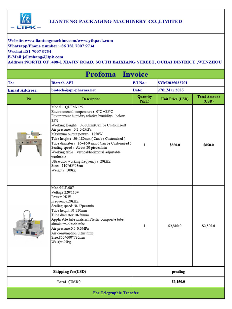 Tube Sealing Machine Proforma Invoice | PDF