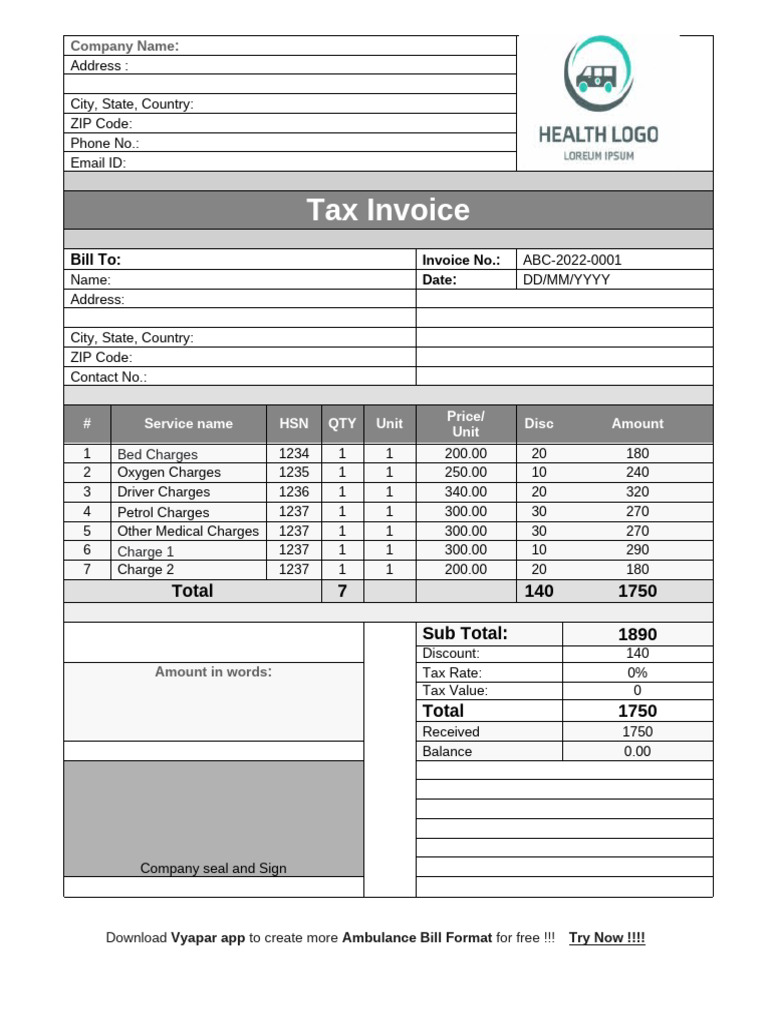 Ambulance Bill Format and Invoice Sample | PDF
