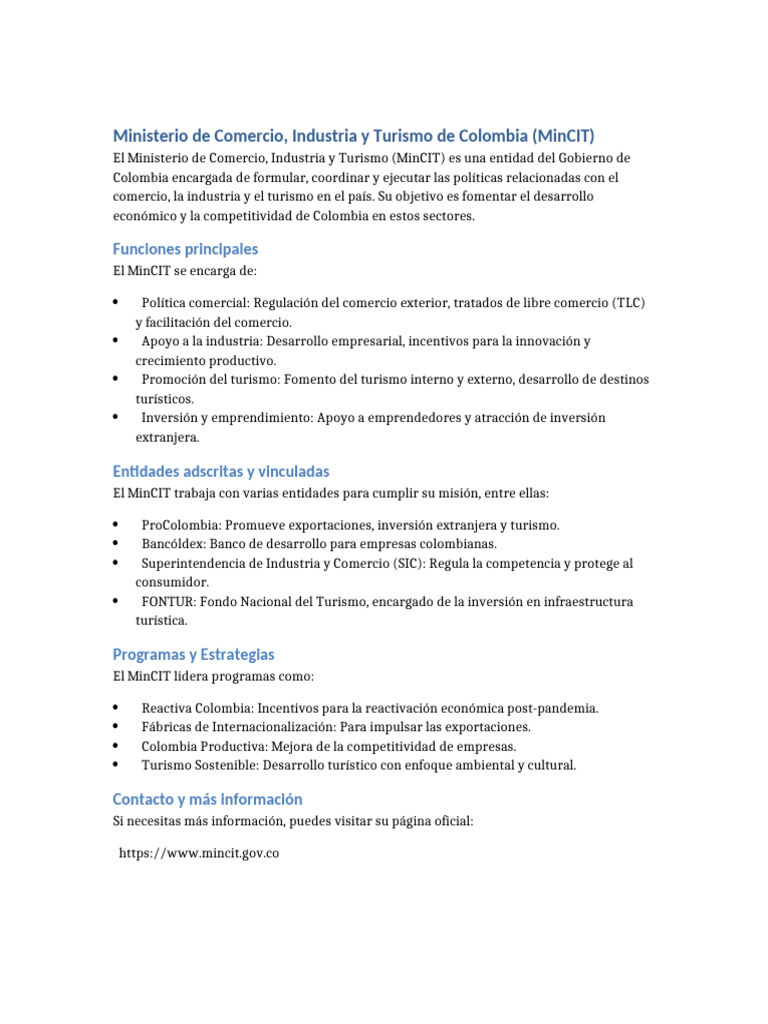 MinCIT: Comercio, Industria y Turismo en Colombia | PDF
