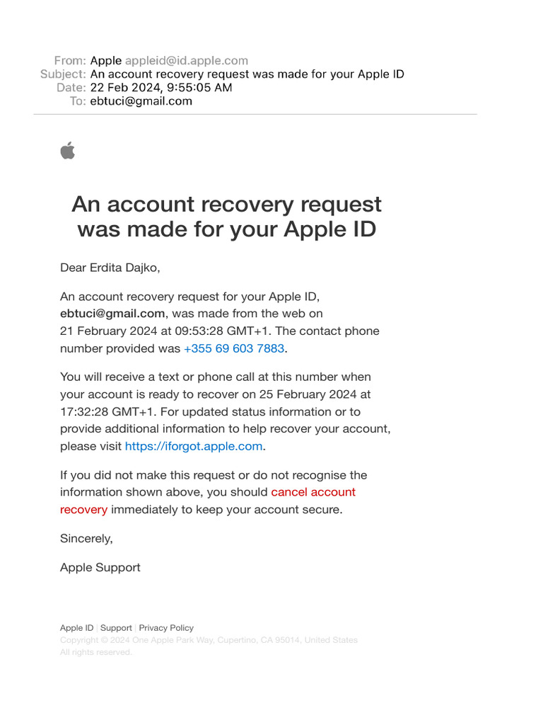 Apple ID Account Recovery Notification | PDF