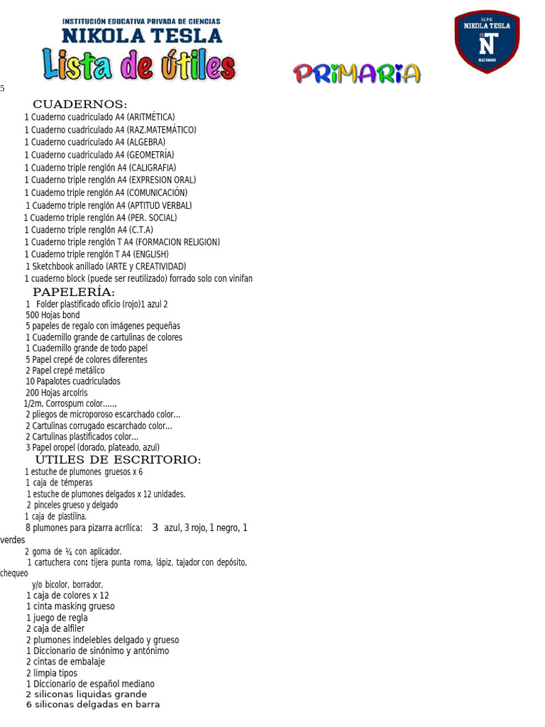 Lista de útiles 5to grado primaria 2025 | PDF | Ropa