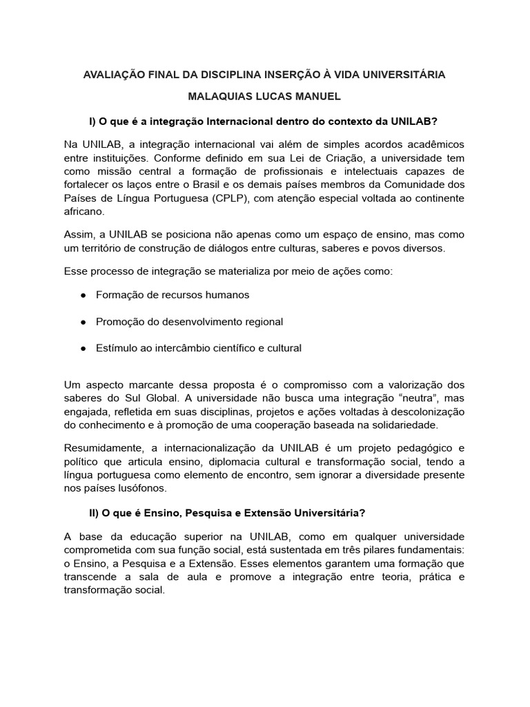 Avaliação Final Da Disciplina Inserção À Vida Universitária Malaquias ...