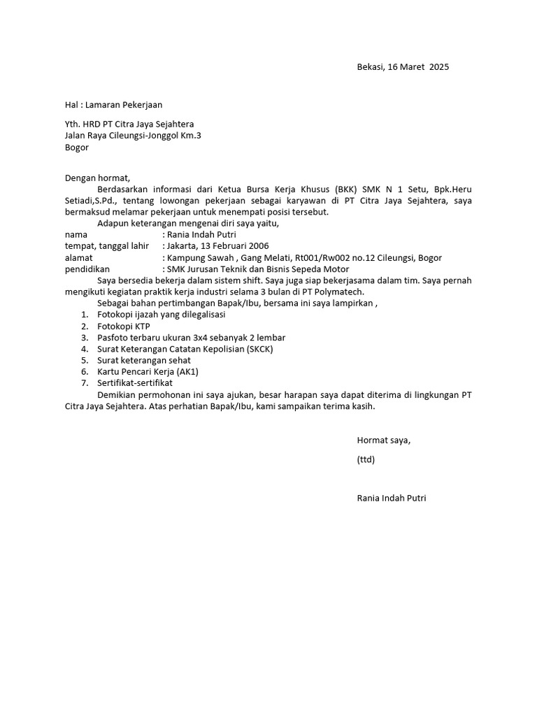 Surat Lamaran Pekerjaan Rania Indah | PDF