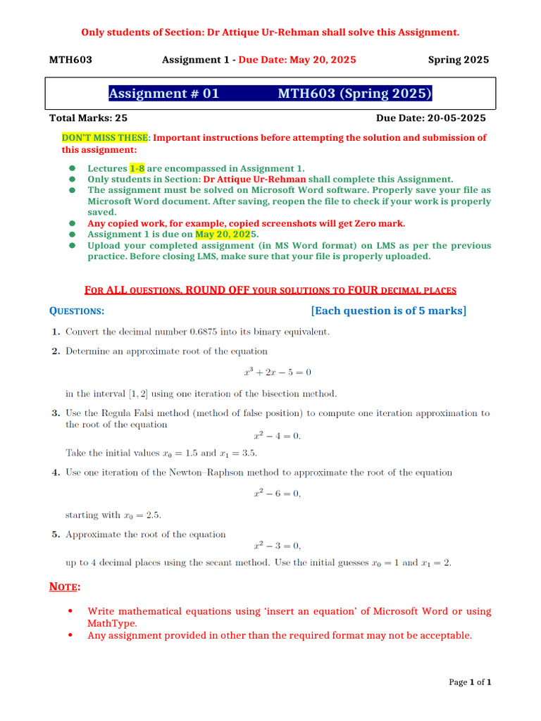 MTH603 Assignment 1 Instructions 2025 | PDF