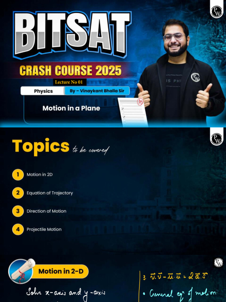 Motion in A Plane 01 - Class Notes - BITSAT Crash Course 2025 | PDF