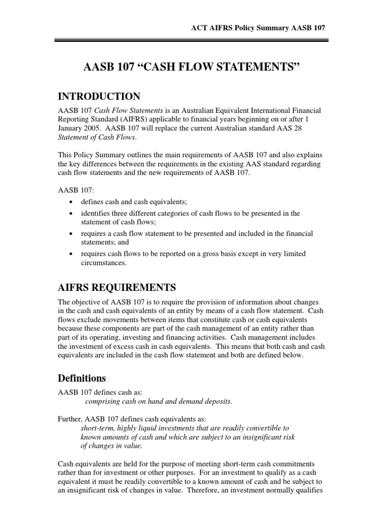 Aasb 107 "Cash Flow Statements" Statement of Cash Flows PDF Cash