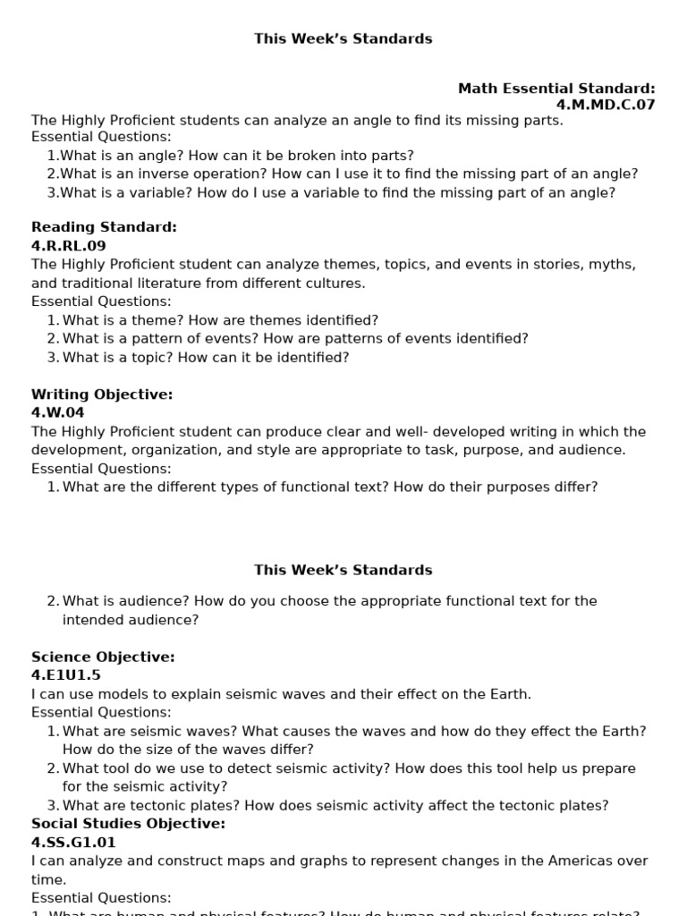 Weekly Standards for 4th Grade Subjects | PDF