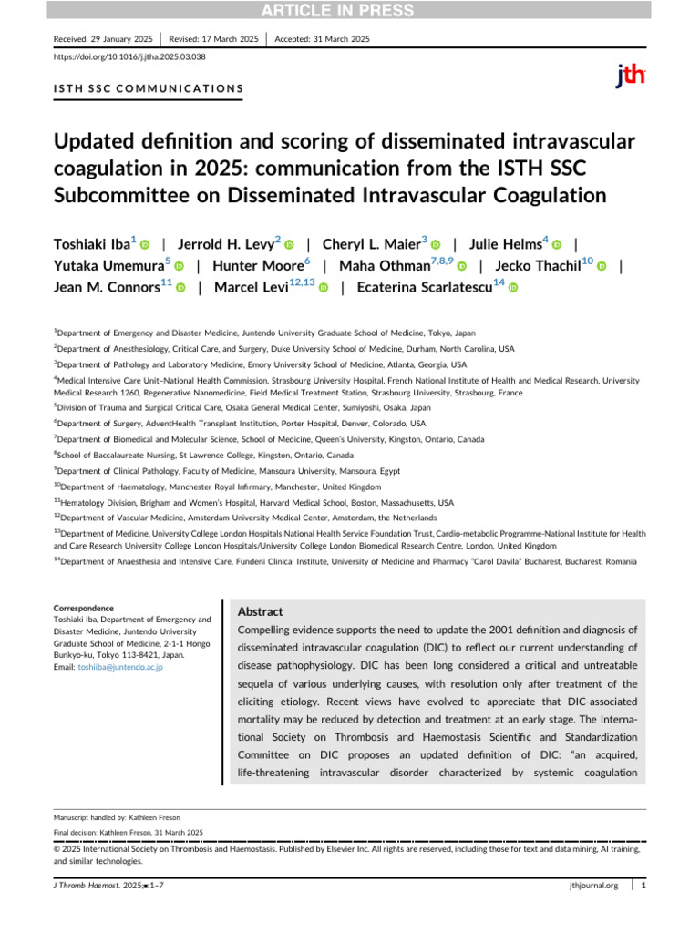 Updated DIC Definition and Scoring 2025 | PDF | Medical Diagnosis ...