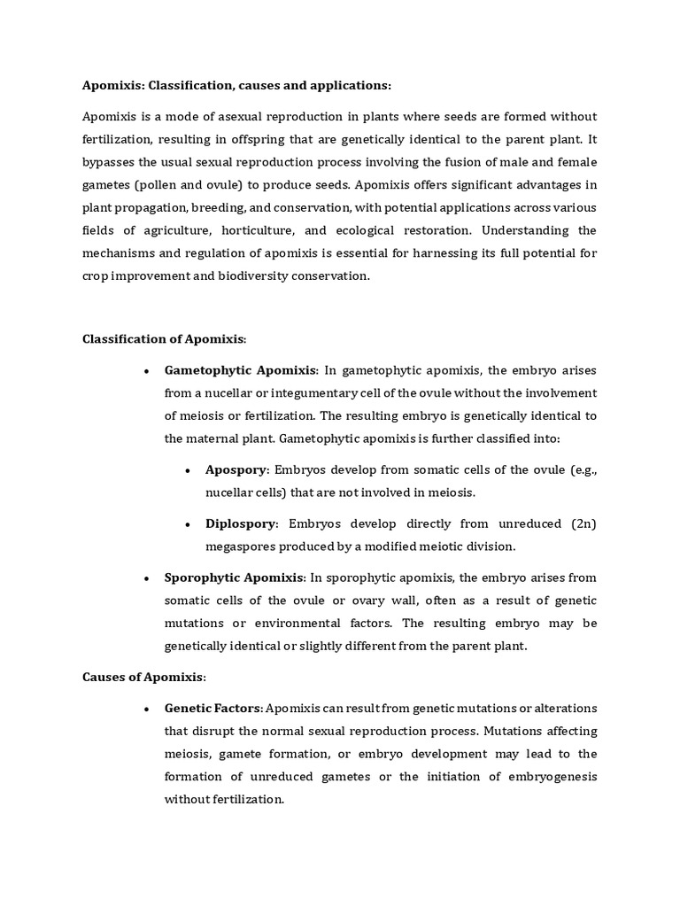 Apomixis: Types, Causes, and Uses | PDF | Reproduction | Plant Breeding