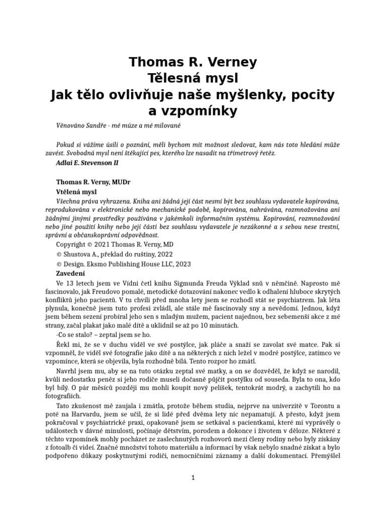 Thomas R. Verney - Tělesná Mysl. Jak Tělo Ovlivňuje Naše Myšlenky ...