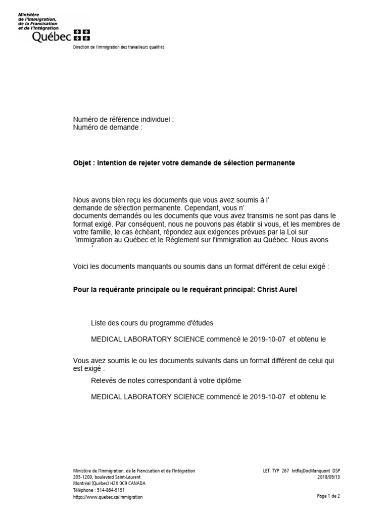 Documents manquants pour demande CSQ | PDF | Québec