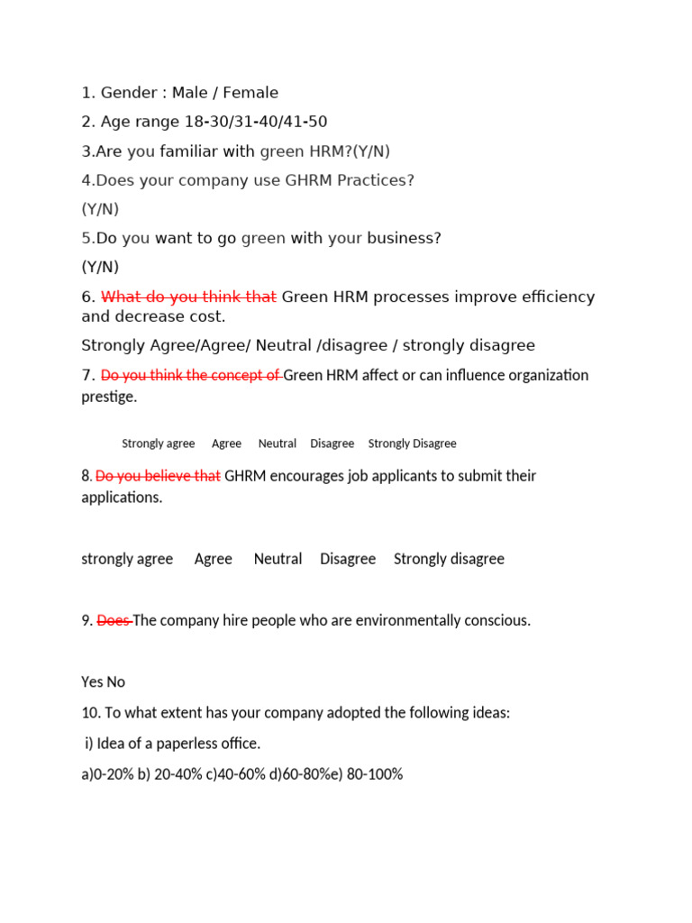 Green HRM Practices Survey Questionnaire | PDF