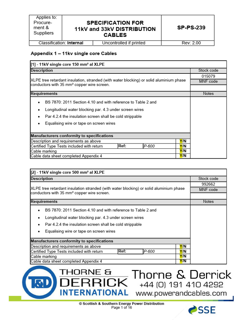 11kV & 33kV Cable Specifications Guide | PDF | Wire | Alternating Current
