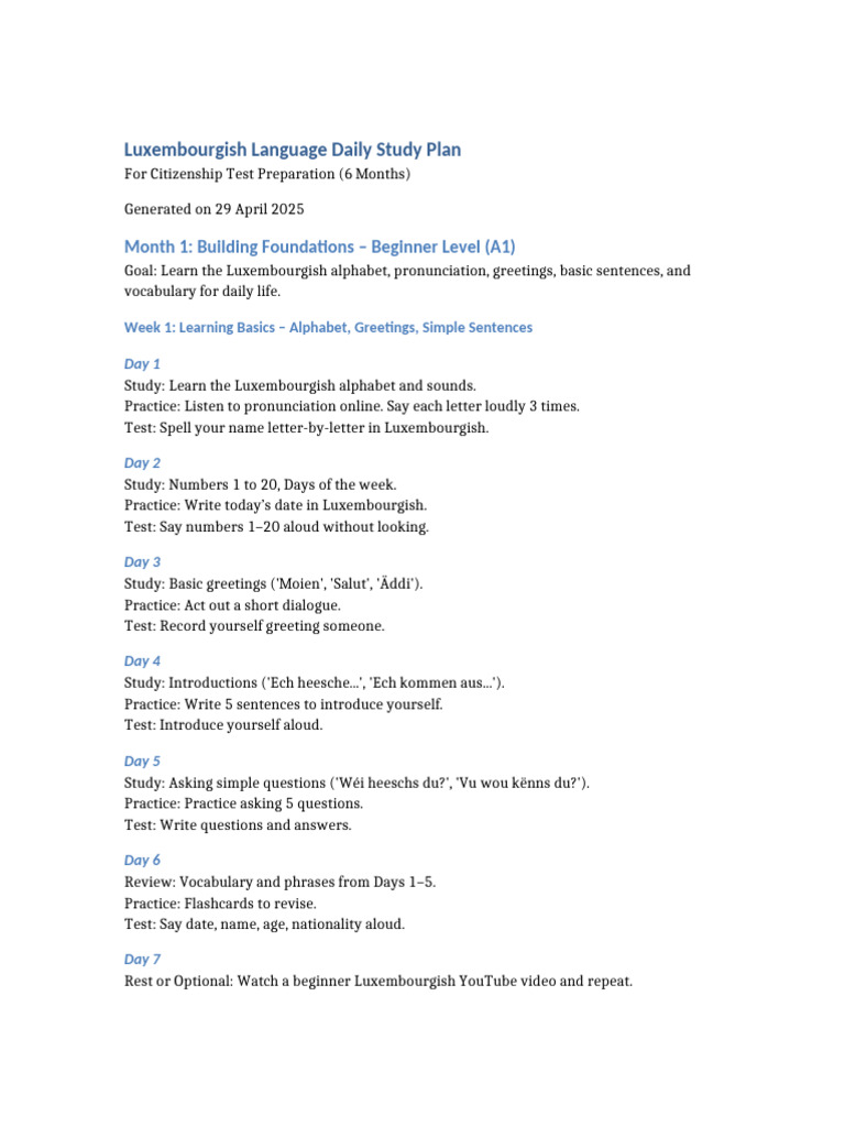 Luxembourgish Language Study Plan | PDF | Vocabulary | Learning