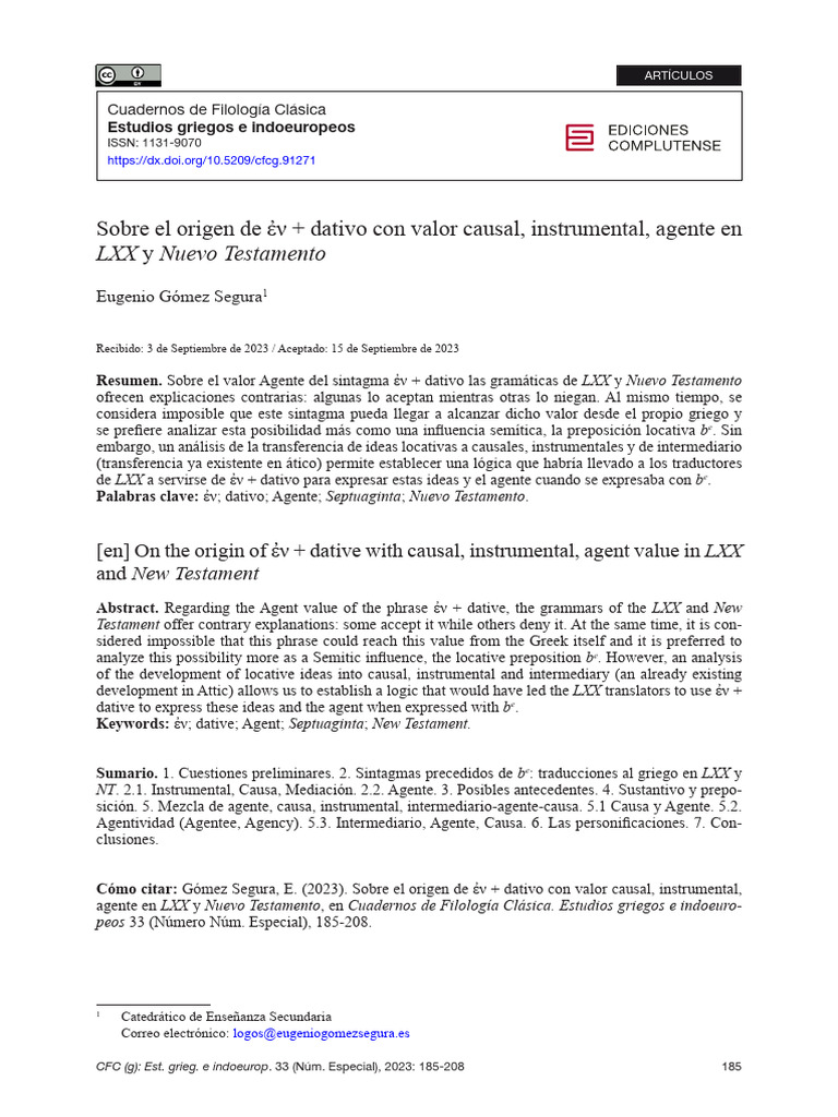Origen de ἐν + dativo en LXX y NT | PDF | Traducciones | Lingüística