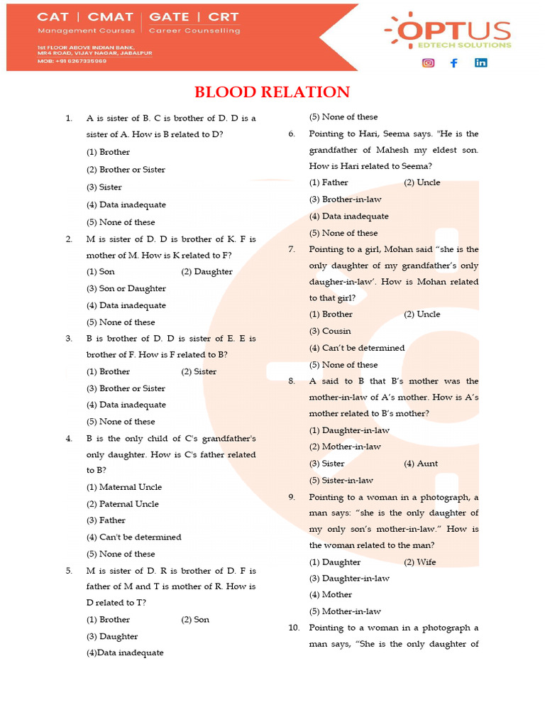 Blood Relation Practice Questions | PDF | Family | Living Arrangements