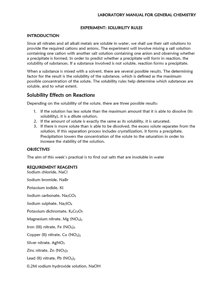 Solubility Rules Experiment Manual | PDF | Solubility | Precipitation ...