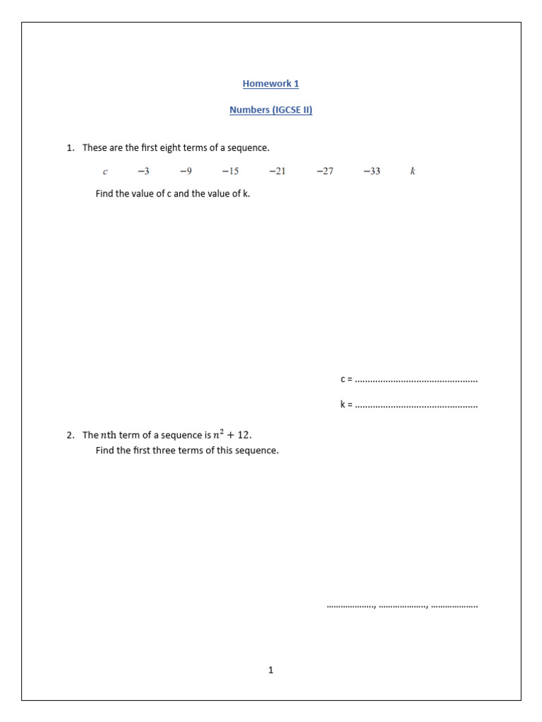 IGCSE II Homework: Sequences & Patterns | PDF