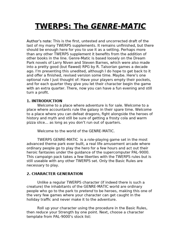TWERPS Genre-Matic RPG Supplement | PDF