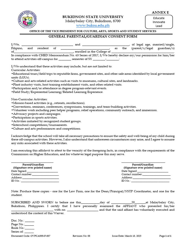General Parental Consent Form for Activities | PDF | Affidavit