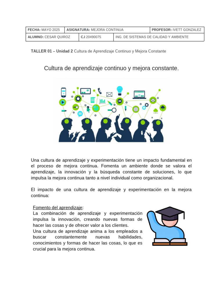 Taller - Cultura de Aprendizaje Continuo y Mejora Constante | PDF ...