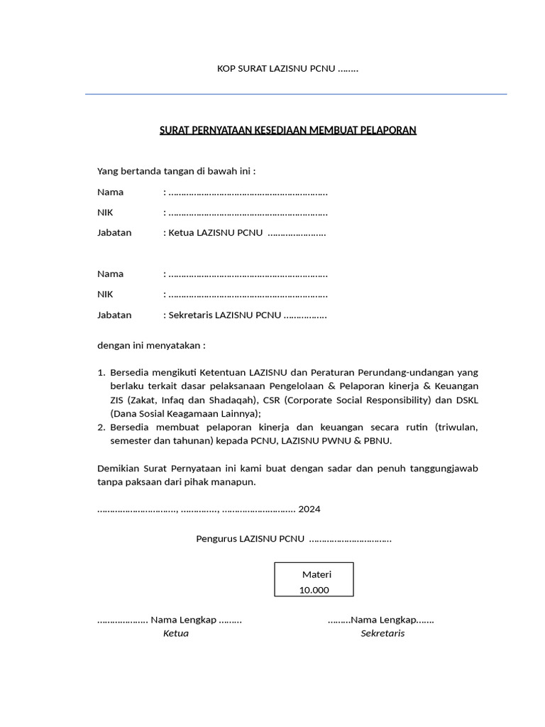 Draft Surat Pernyataan Kesediaan Laporan | PDF