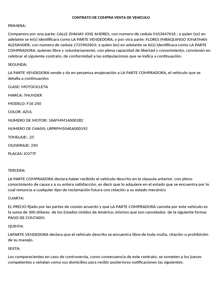 Contrato de Compra Venta de Vehiculo | PDF