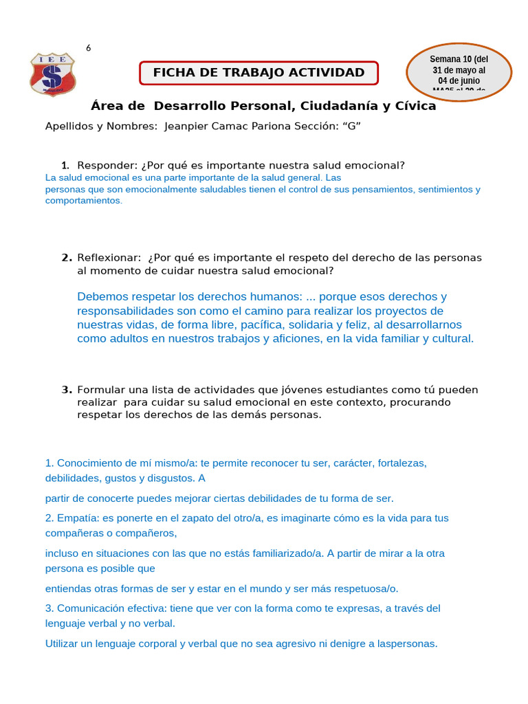 Ficha de Trabajo 3 Jeanpier Camac DPCC | PDF | Las emociones | Toma de ...