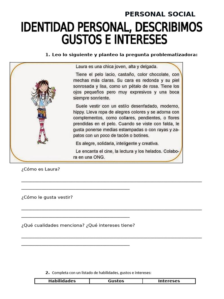 Ficha Personal-Identidad Personal, Describimos Gustos e Intereses | PDF