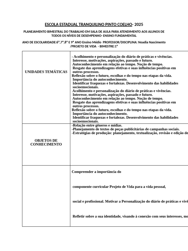 Planejamento Bimestral: Projeto de Vida 2025 | PDF