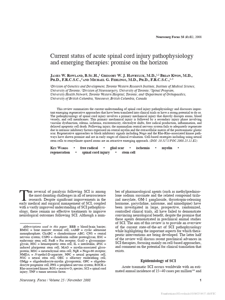 Spinal Cord Injury: Pathophysiology & Therapies | PDF | Myelin | Axon