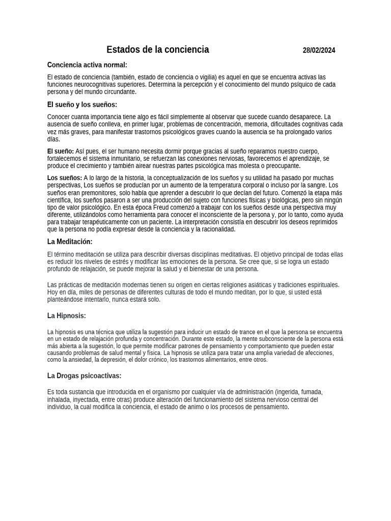 Estados de Conciencia y Alteraciones | PDF | Conciencia | Sueño