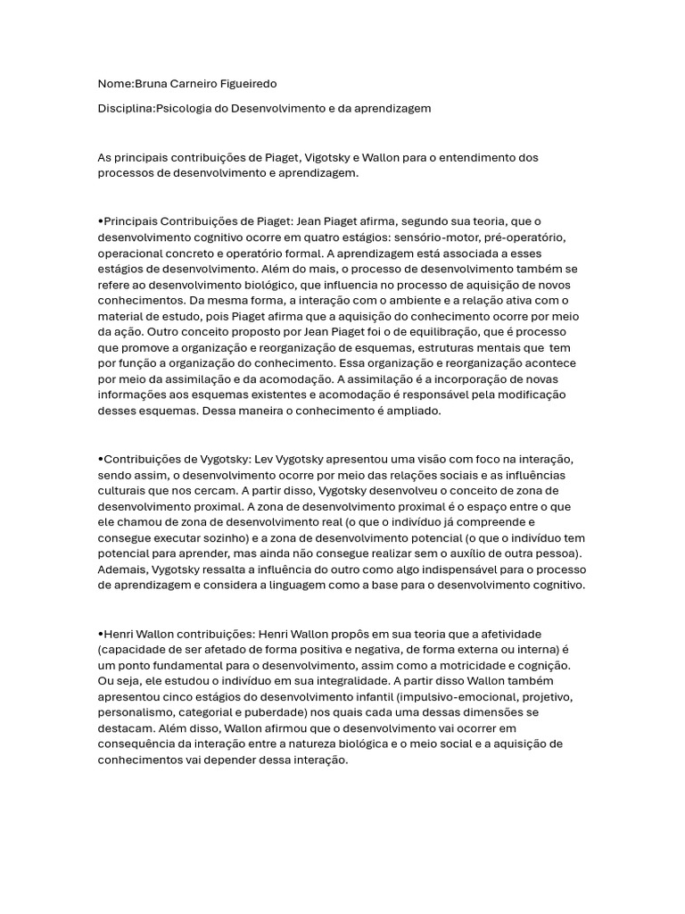 Teorias de Piaget, Vygotsky e Wallon | PDF | Aprendizado | Ciências ...