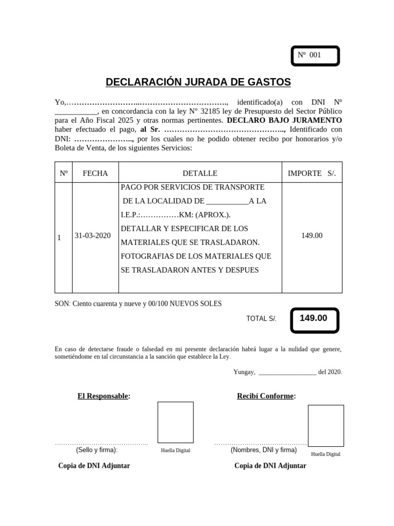 Declaración Jurada de Gastos 2025 | PDF