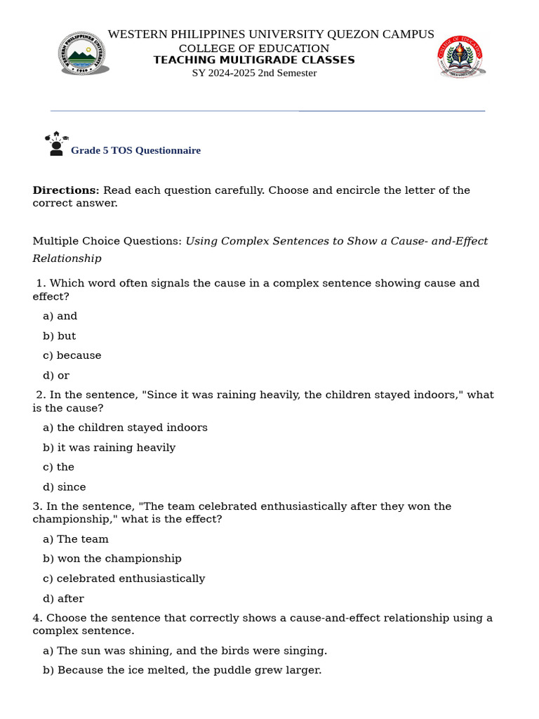 Grade 5 TOS Questionnaire | PDF | Sentence (Linguistics) | Grammar