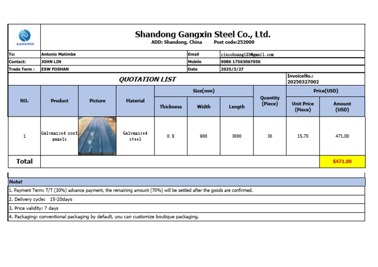 Shandong Gangxin Steel Quotation Details | PDF