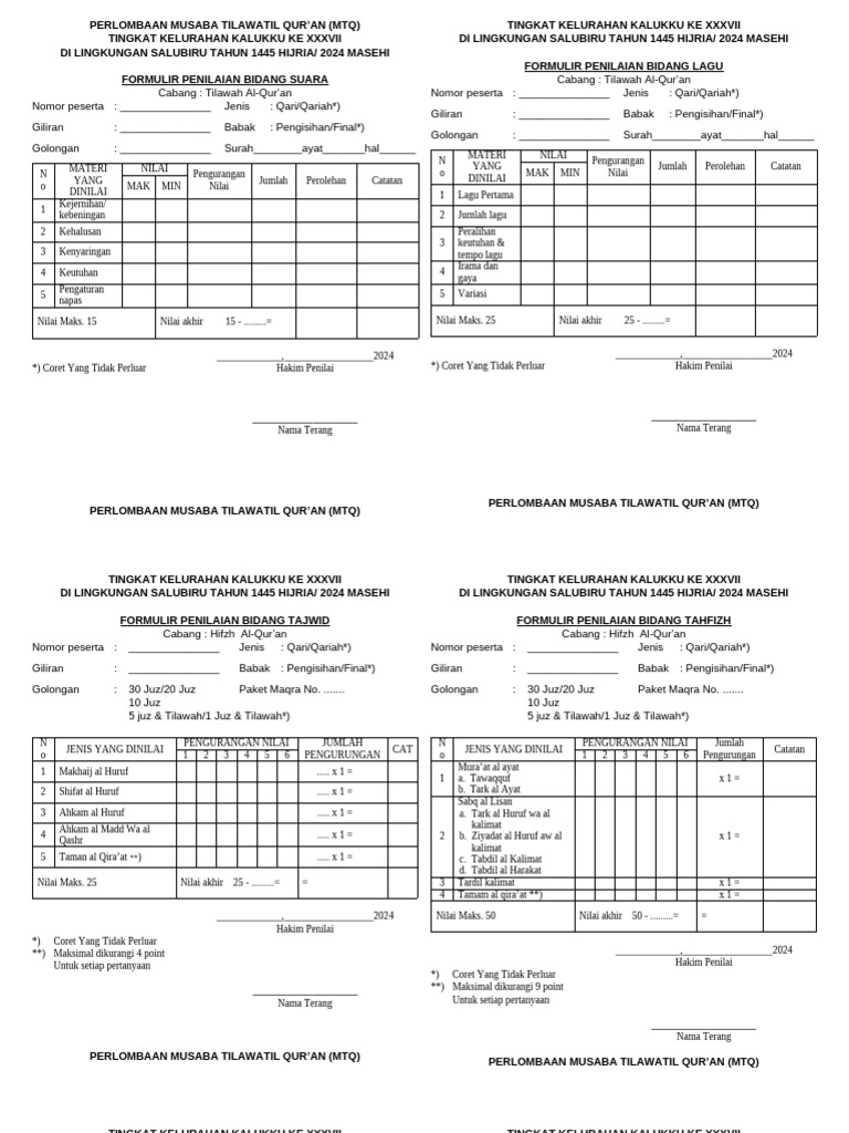 Form Penilaian Lomba MTQ 2024 | PDF