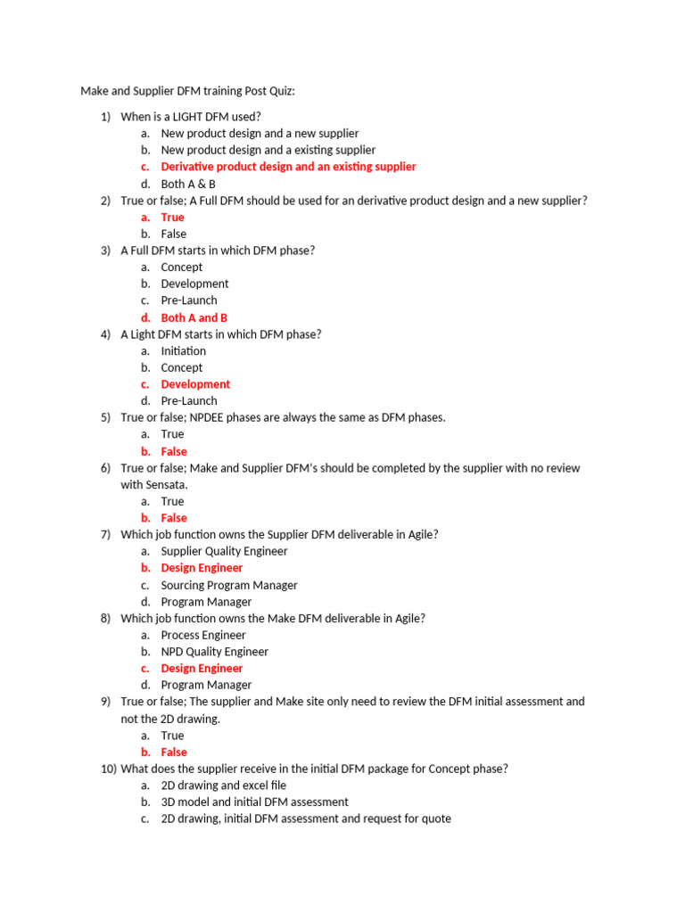 Make and Supplier DFM Training Post Quiz - ANSWERS | PDF