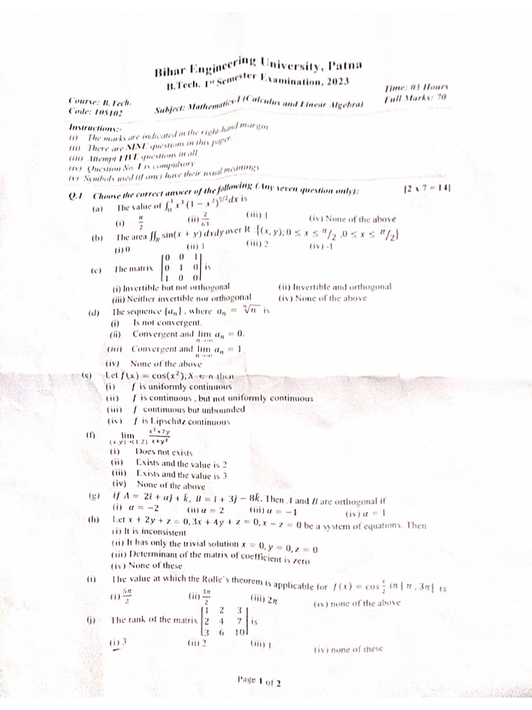 Mathematics - 2023 PYQ - 105102 | PDF