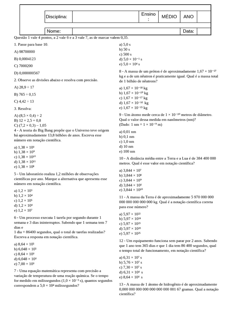 Lista de Exercícios Sobre Notação Cientifica | PDF | Ciências Físicas