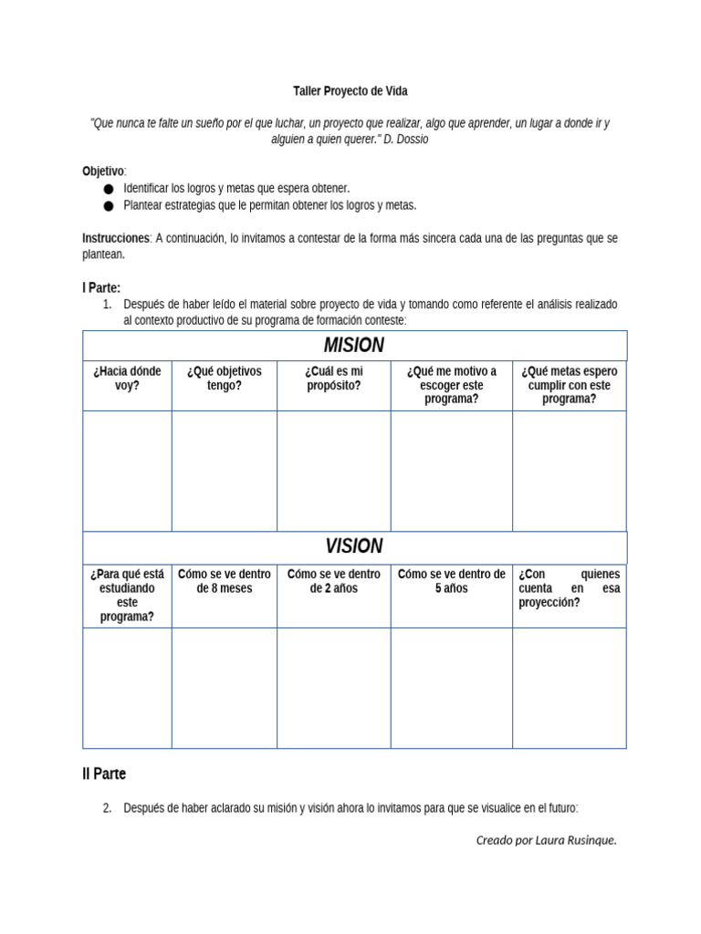 Taller Proyecto de Vida | PDF