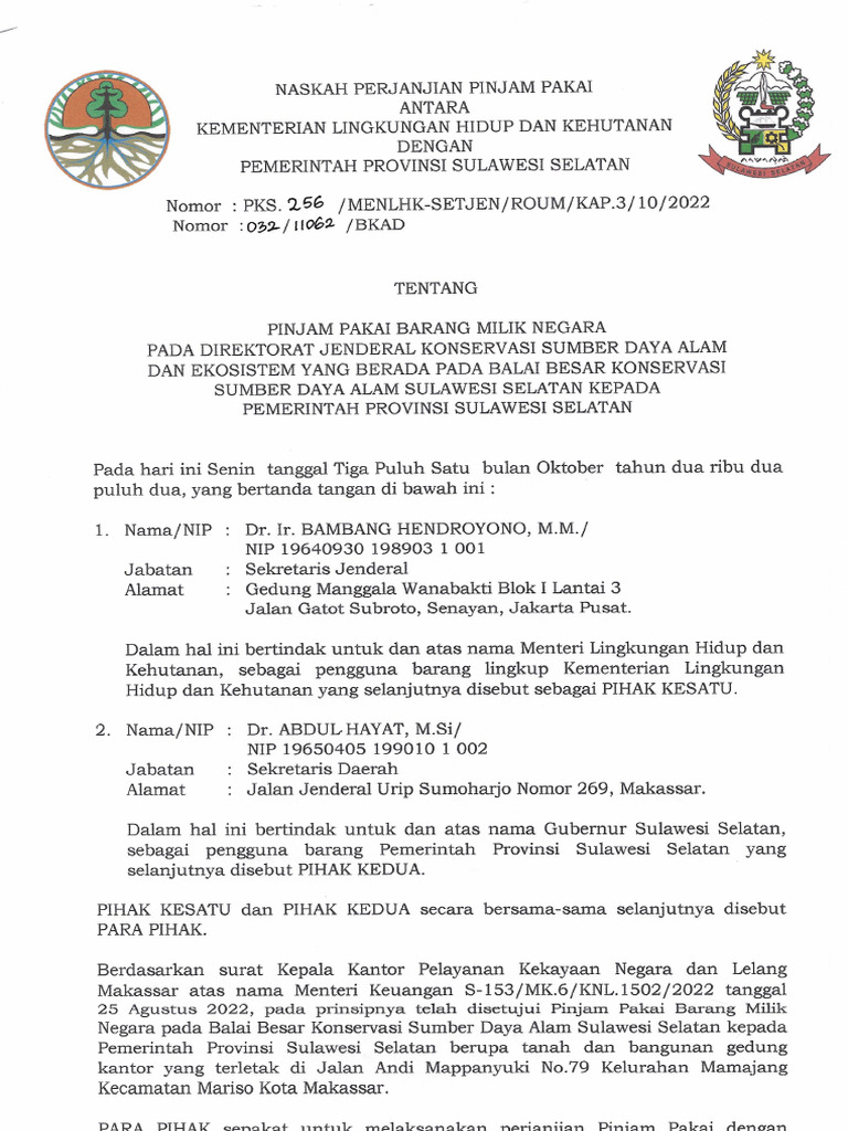 Perjanjian Pinjam Pakai BMN Bbksda & Pemprov Sulsel | PDF