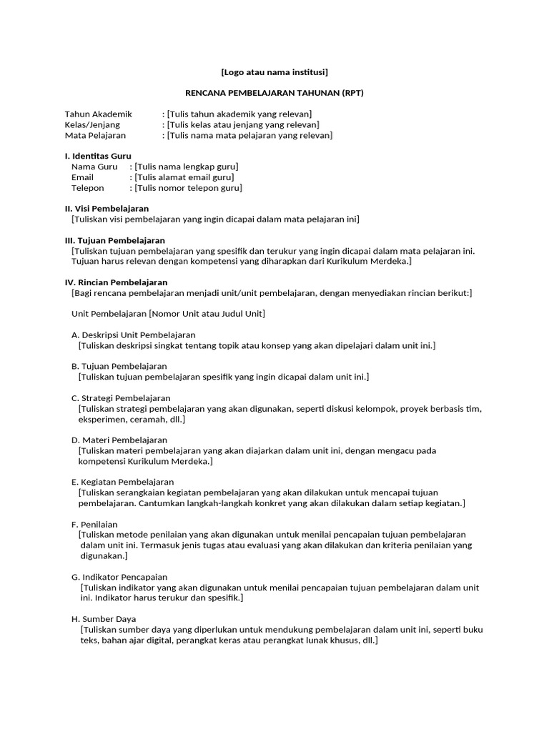 Rencana Pembelajaran Tahunan (RPT) | PDF