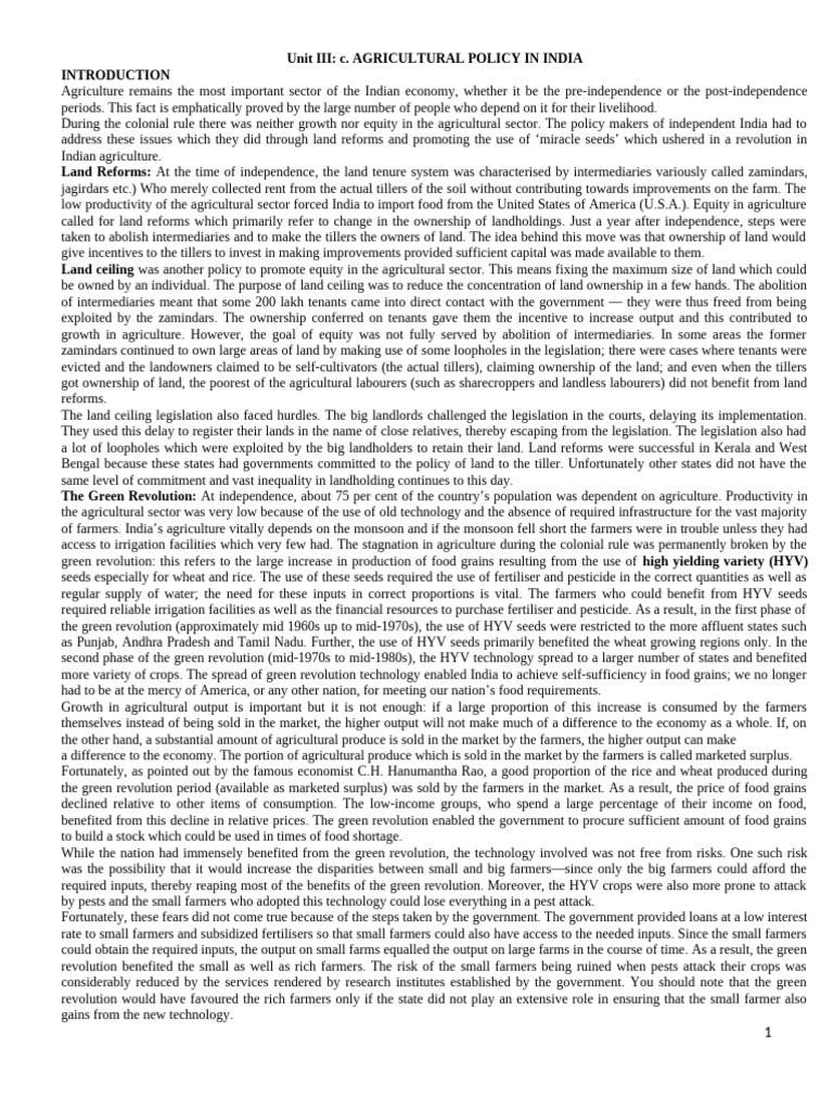 Agricultural Policies in India Overview | PDF | Green Revolution ...