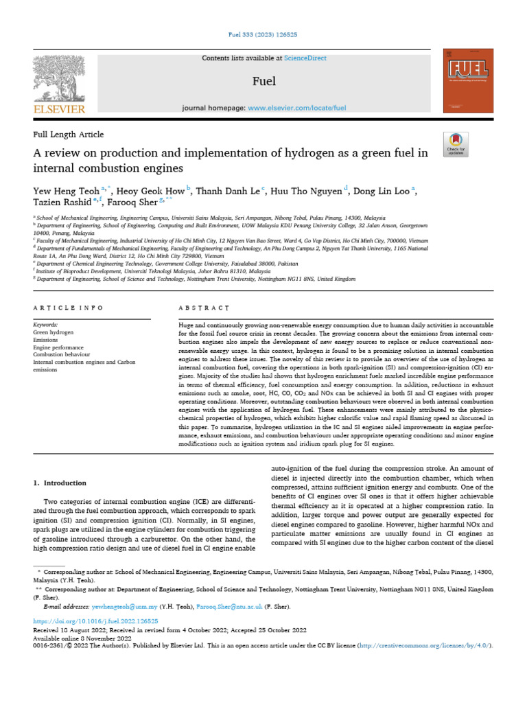 A Review On Production and Implementation of Hydrogen As A Green Fuel ...
