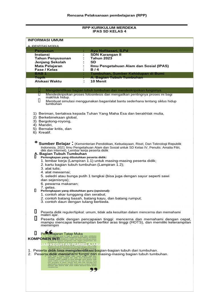 RPP IPAS Kelas 4: Bagian Tubuh Tumbuhan | PDF