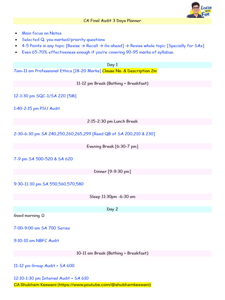 CA Final Audit 3-Day Study Plan | PDF