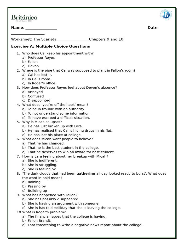 Worksheet for The Scarlets: Chapters 9-10 | PDF